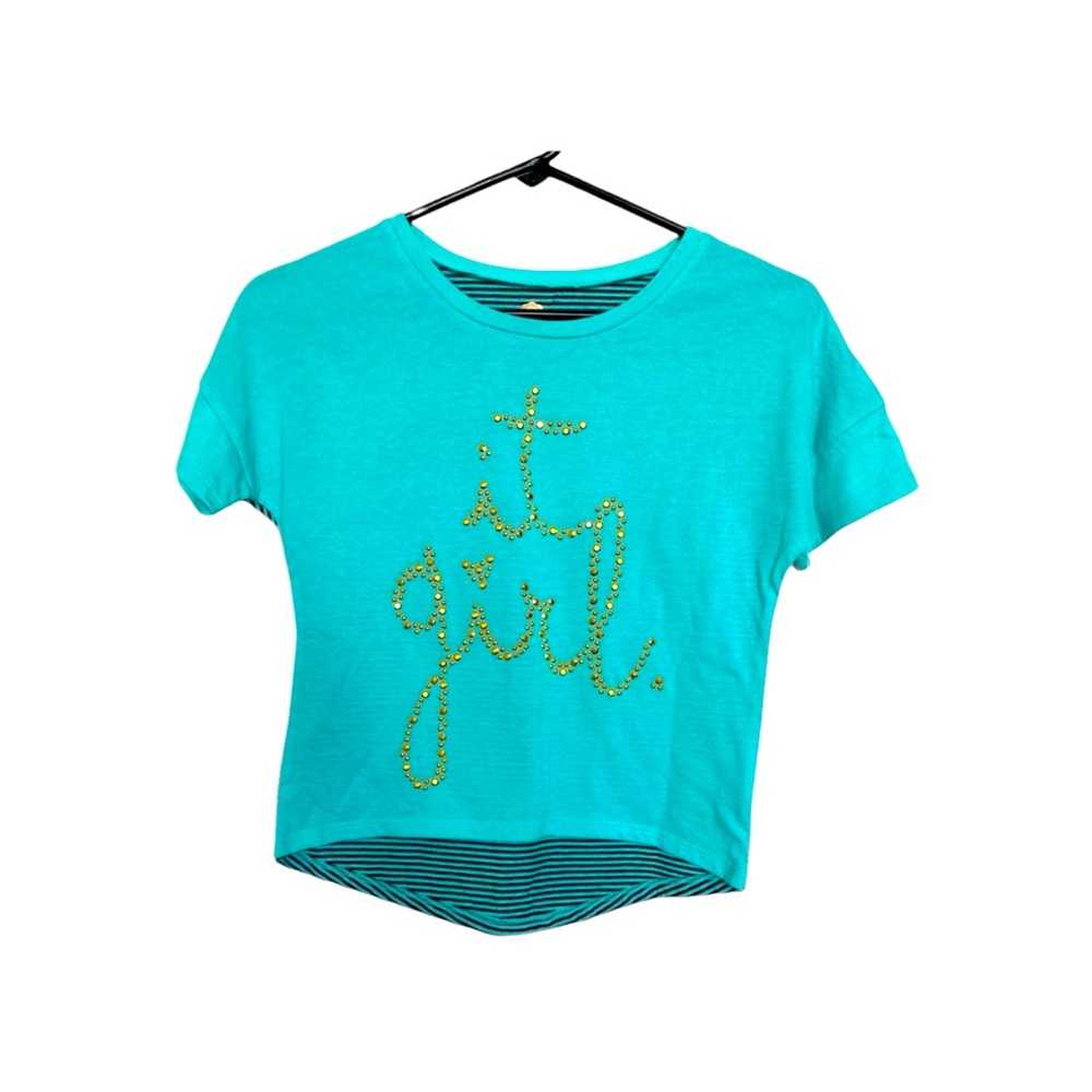 Total Girl “it girl” Turquoise w Black Stripes Gold Jeweled Shirt, Small 7/8